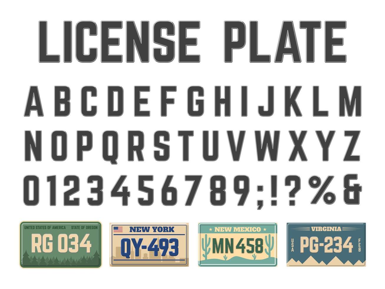 Car license plates alphabet. Vehicle registration signs latin alphabet, license plates numbers and letters illustration set. Automobile license numbers abc font vector