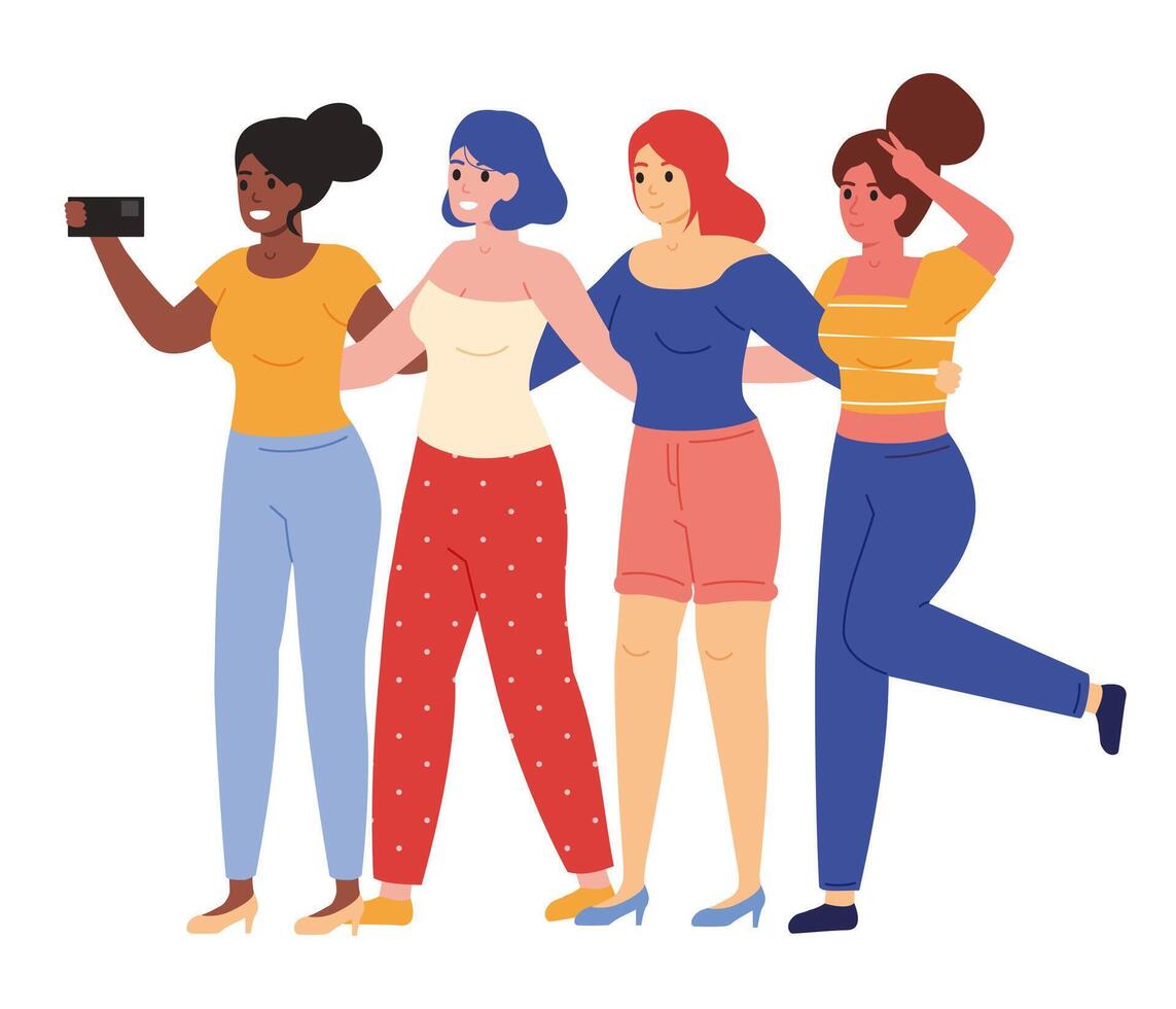 Female friends taking selfie. Happy young girlfriends posing for group selfie illustration. Female friendship concept vector