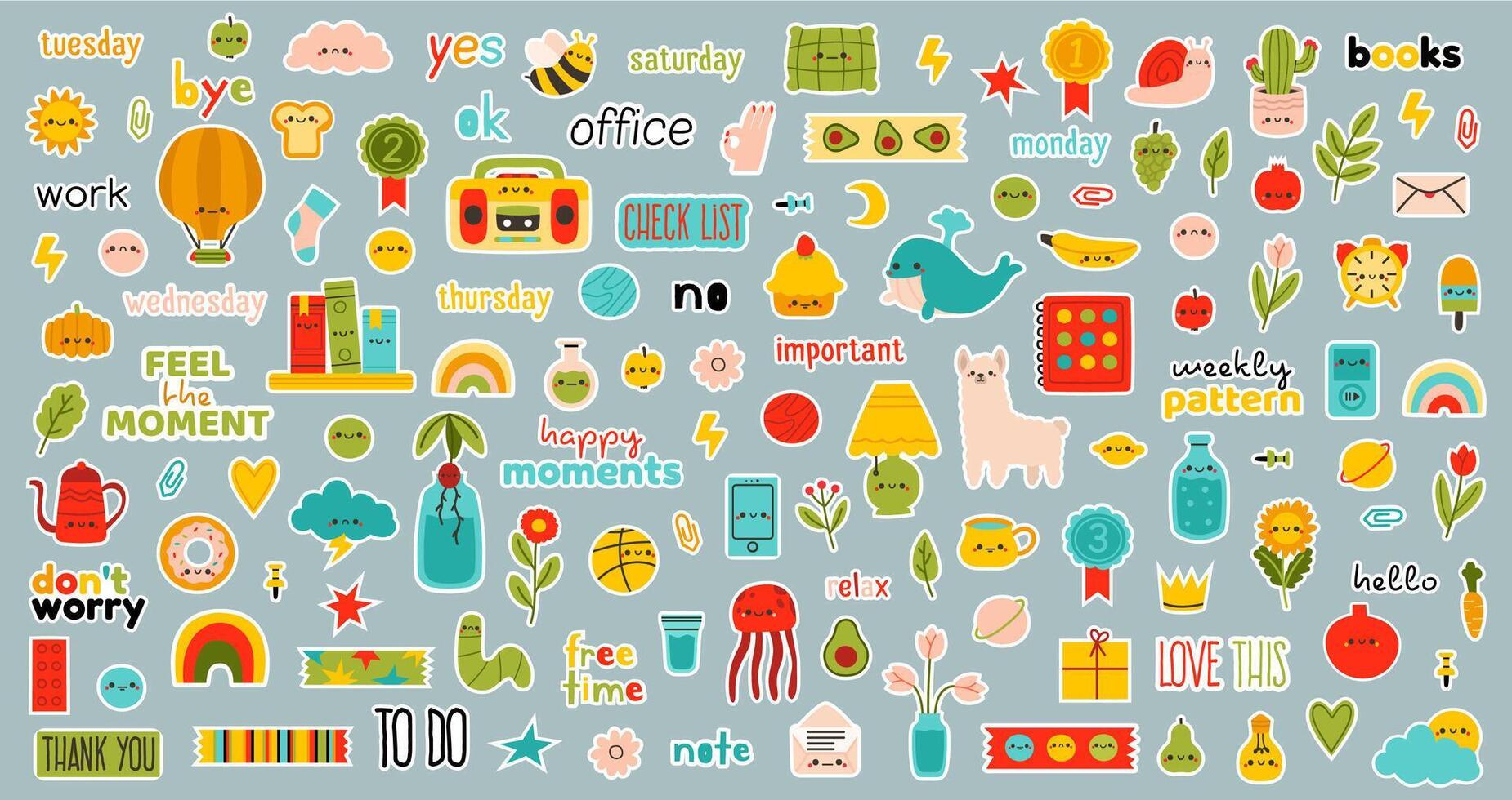 Daily planner stickers. Weekly bullet journal doodle stickers, hand drawn cute daily planner elements isolated symbols set. Daily scheduler stickers vector