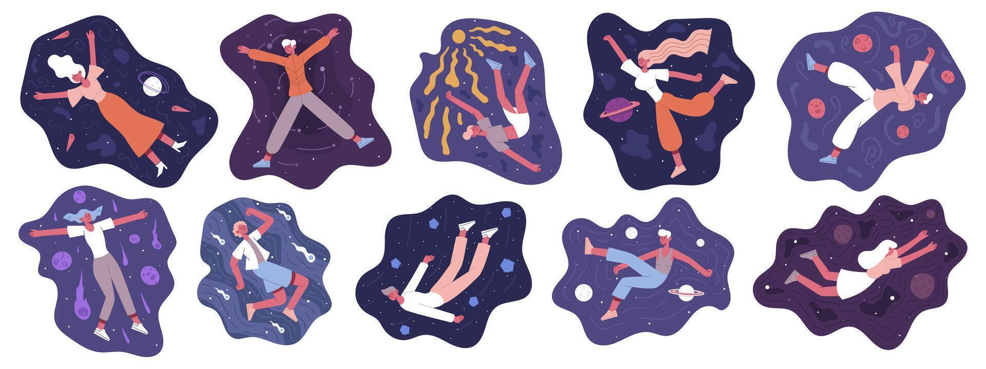 Characters flying in space. People flying in outer space, men and women floating in imagination or dream illustration set. Space floating people vector