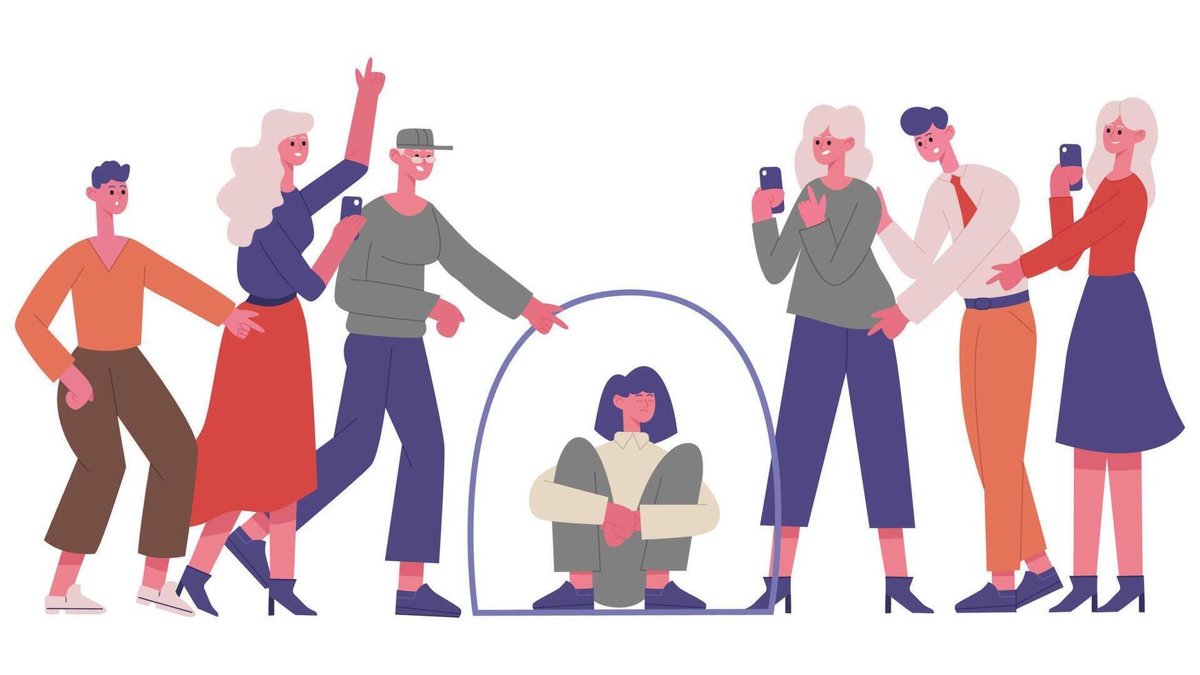 Bullying problem. Discrimination, negative communication or aggressive society, bullying negative people group illustration. Teenage bullying concept vector