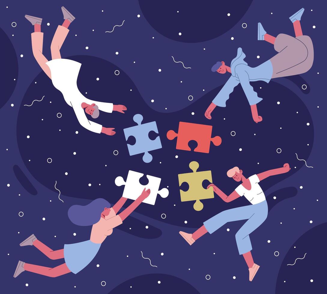 Teamwork puzzle collecting. Coworking team with abstract puzzle elements background illustration. Business teamwork concept vector