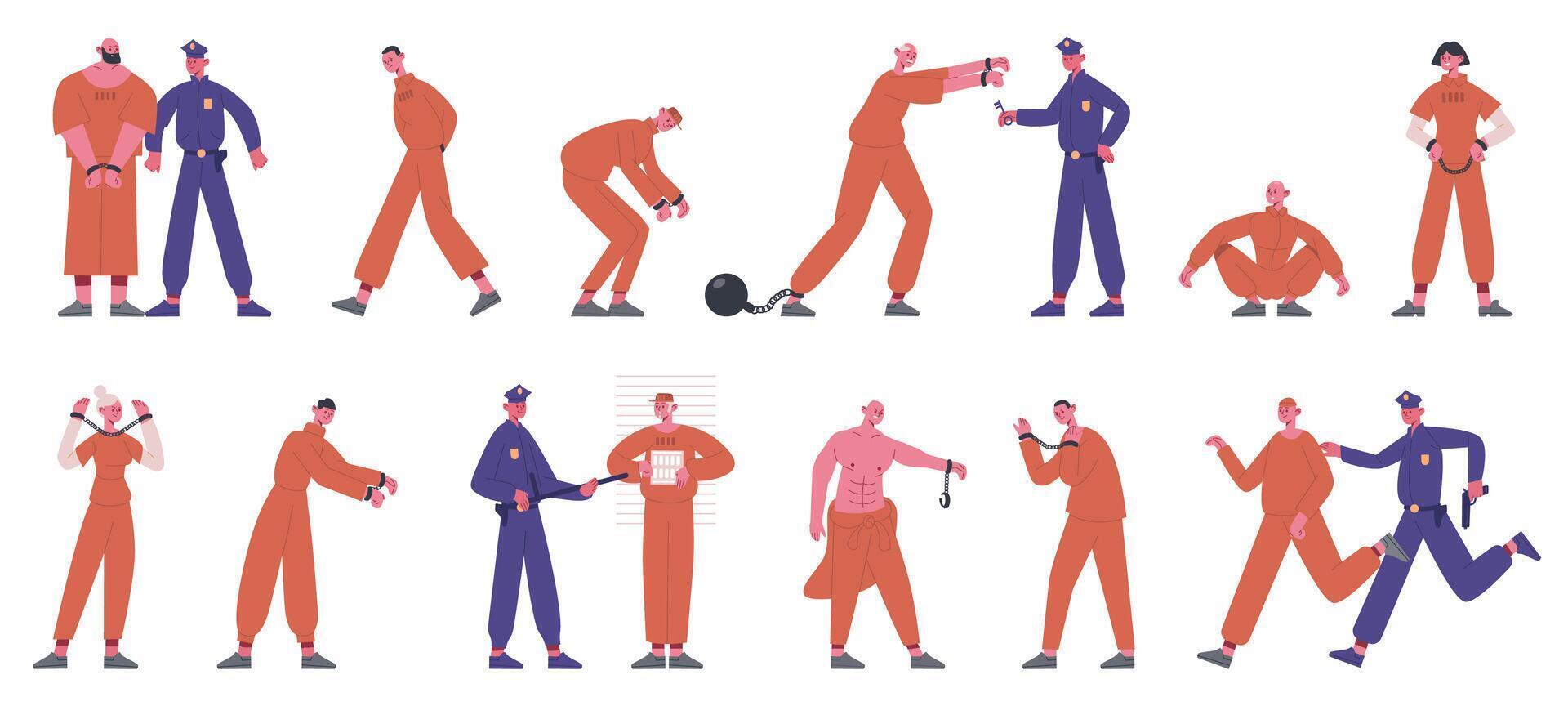 Inmates characters. Prisoners in prison uniform serving time and policemen in prison isolated illustration set. Crime system characters vector