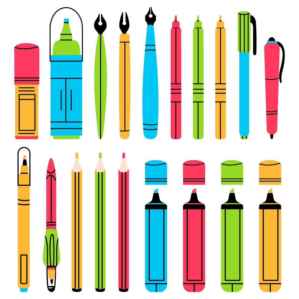Hand drawn office stationery, pens, pencils and markers vector