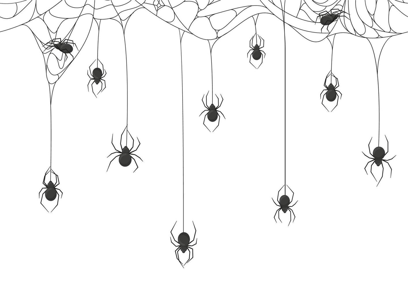 Halloween spiders background. Black spiders on spooky halloween hanging cobweb background illustration. Spooky halloween spider web backdrop vector