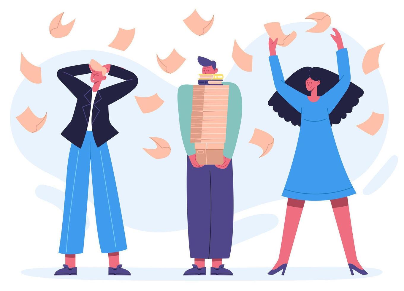 Busy workload unorganised office workers, paperwork and deadline concept vector