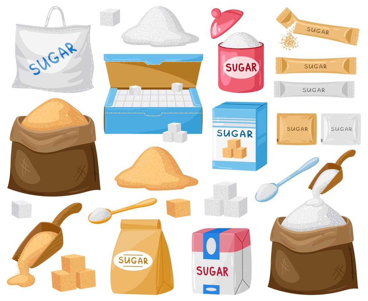 Cartoon sugar. Cube sugar, granulated and crystalline sugar, sugar in canvas bags and carton packages illustration set. Sugar cartoon symbols vector