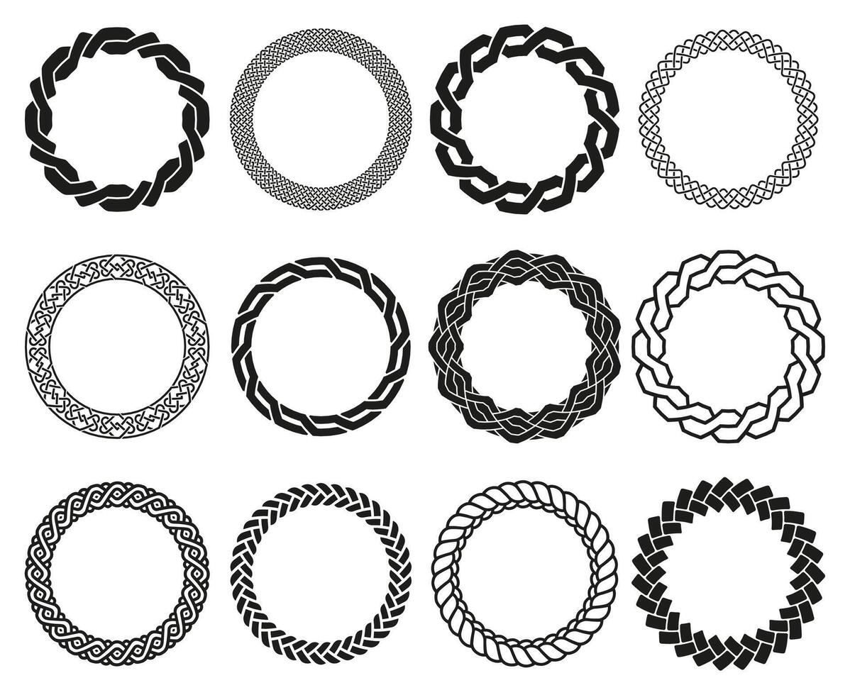 Celtic braid frames. Rounded braided ornaments frame, Irish woven braid pattern isolated illustration set. Round celtic braids frames vector