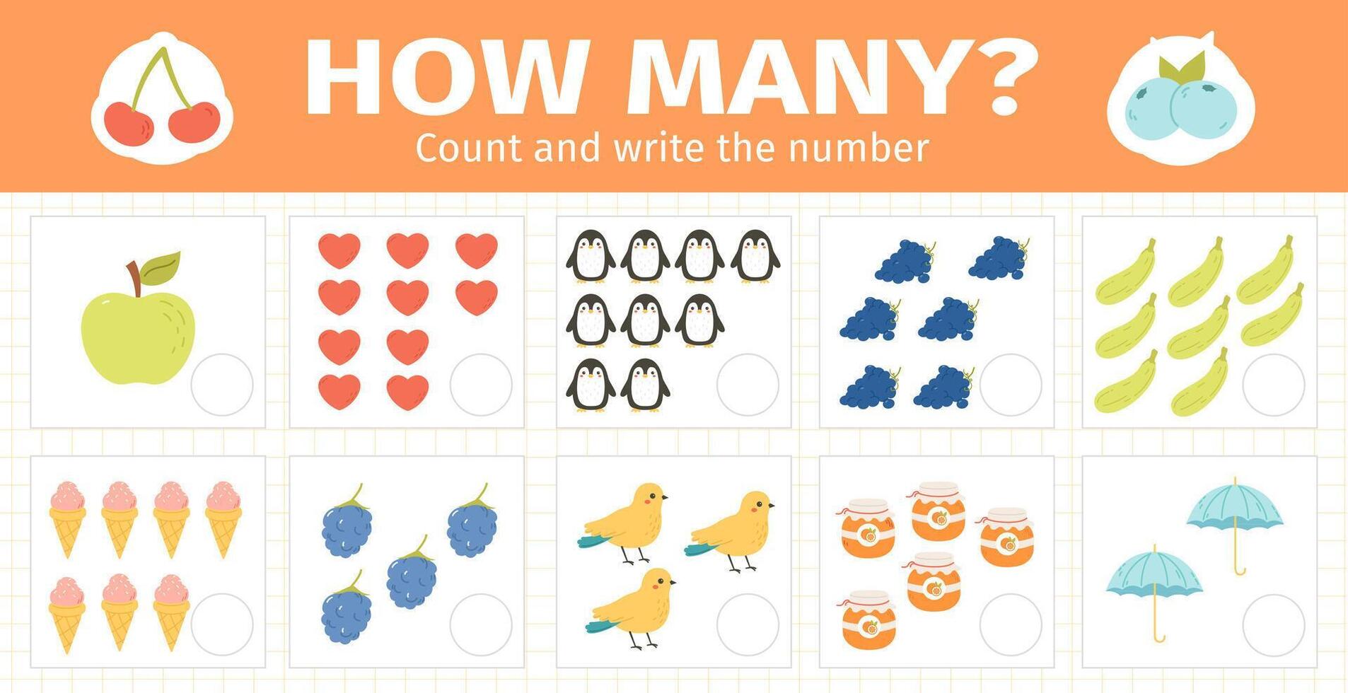 Counting math kids game. Mathematical numbers counting game for kids, children math game worksheets illustration set. Educational math cards vector