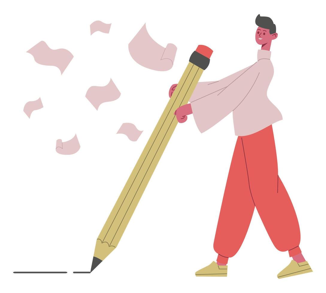 Copywriter character. Male writer, journalists or blogger writing with big pencil illustration. Creative storytelling concept vector