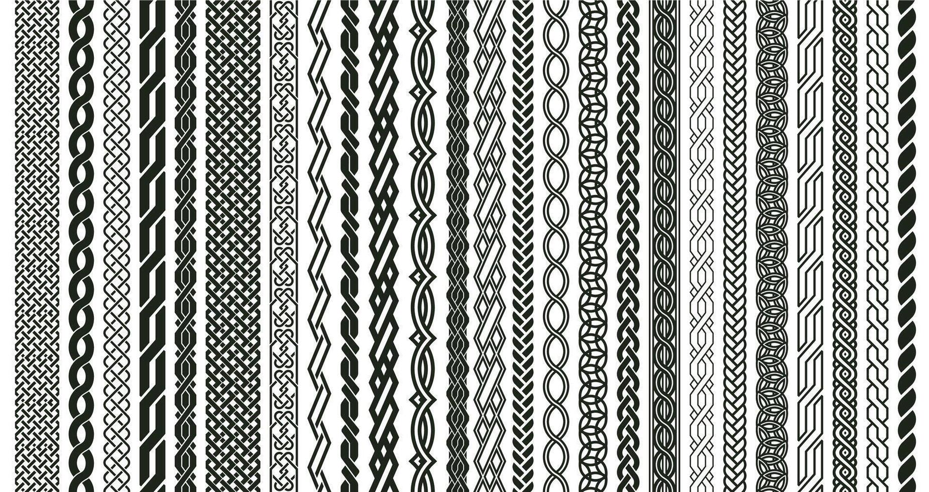 Celtic braids patterns. Braided Irish pattern seamless borders, knotted braid ornaments isolated illustration set. Woven celtic braids elements vector