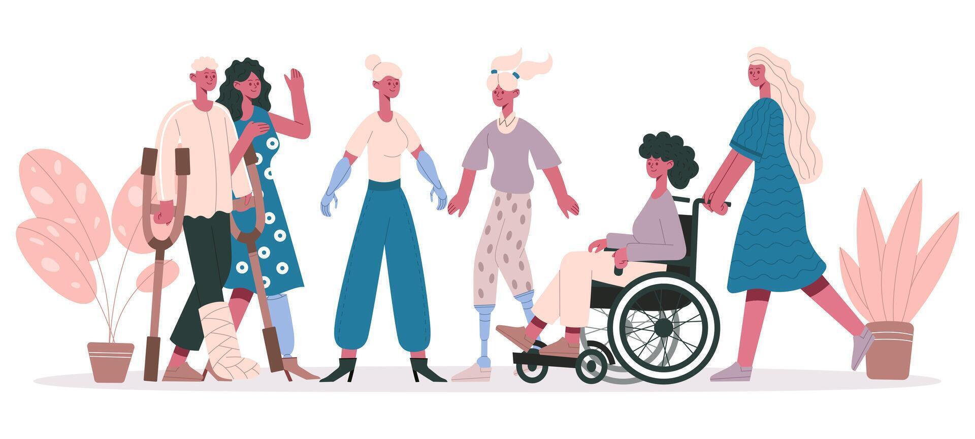 Handicapped people. Group of disabled characters, friendly disable injury persons isolated illustration. Disabled people group vector