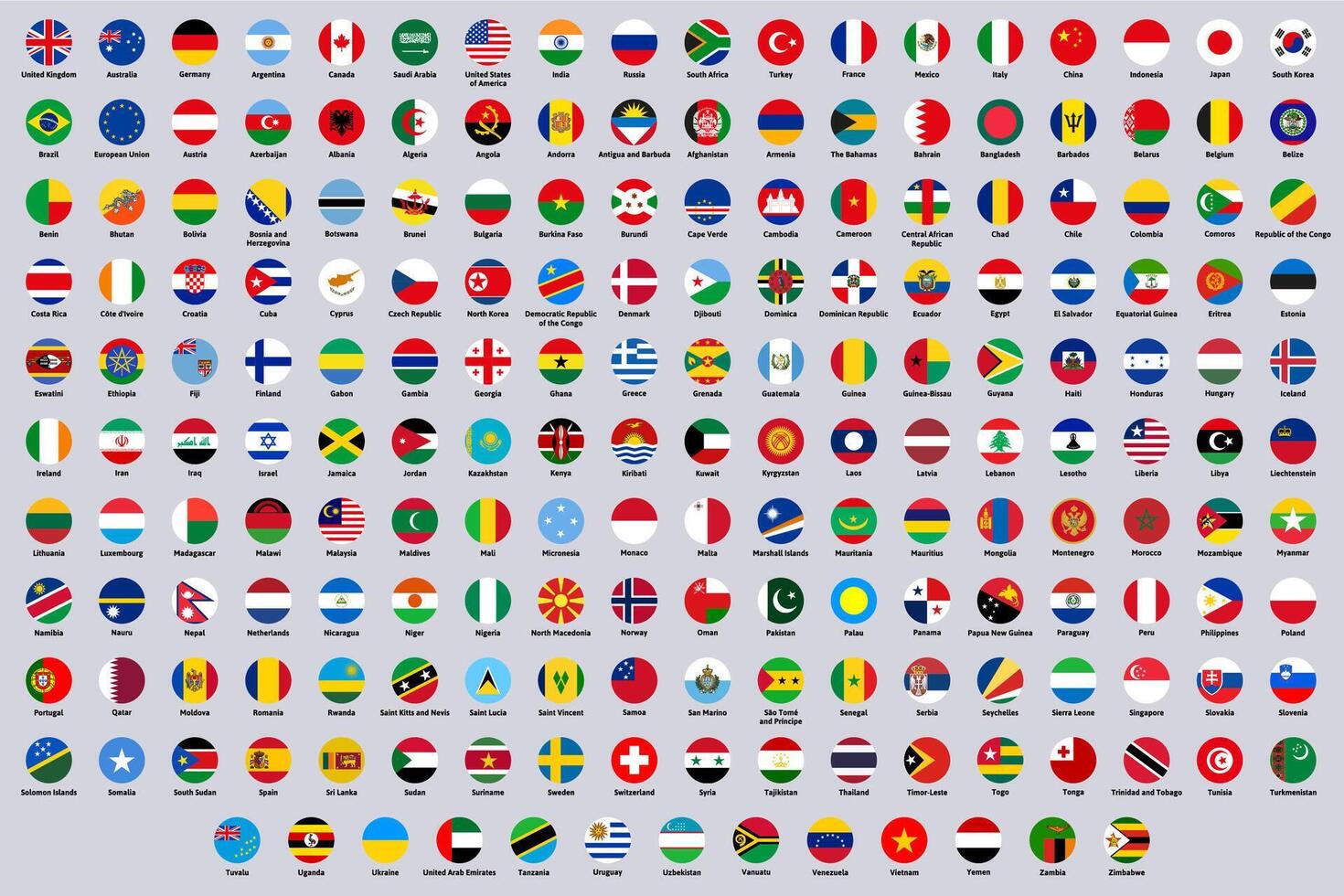 World national round flags. Europe, america and asia countries flags, rounded national symbols illustration set. World countries emblems vector