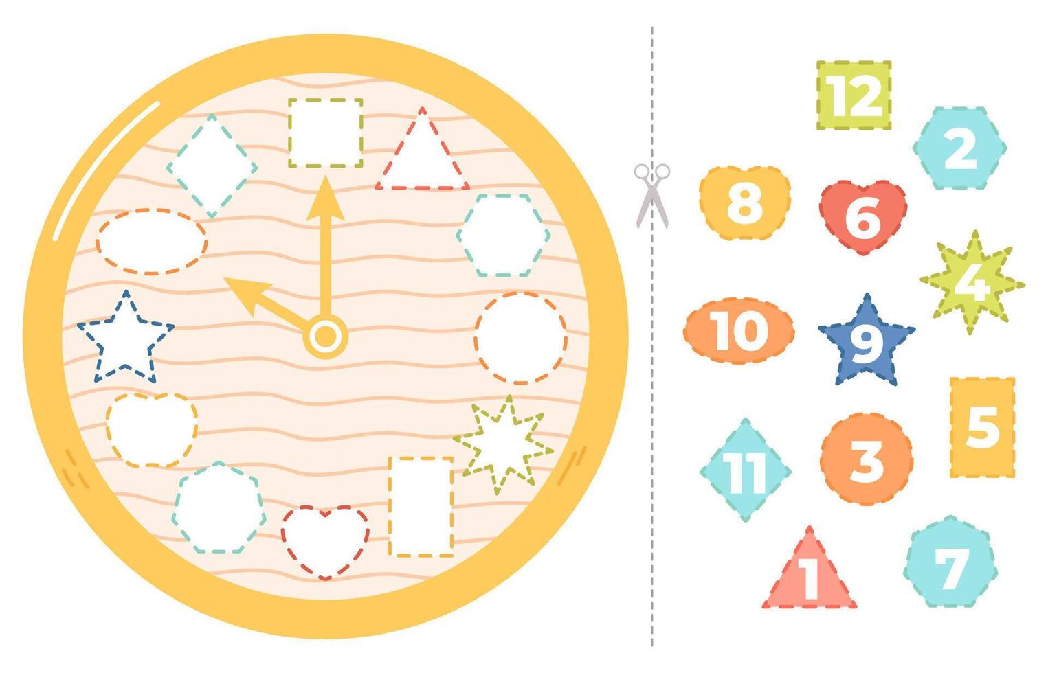 Children clock puzzle game. Educational time puzzle game for kids, clock learning paper game illustration. Clock kindergarten educational material vector