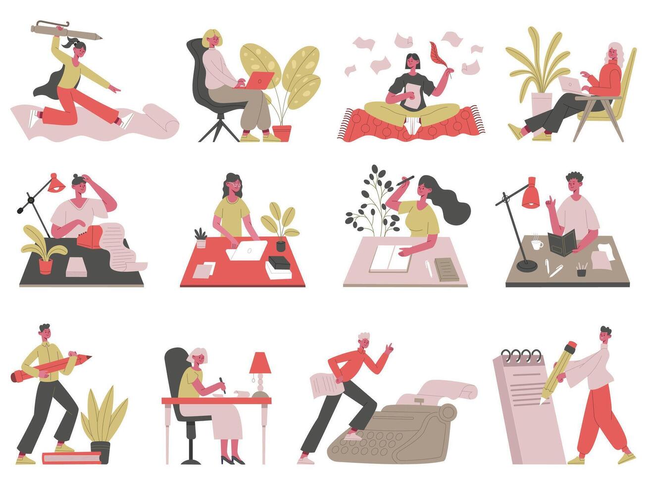 Writing characters. Professional writer, journalist, blogger and copywriter writing texts or posting illustration set. Storytelling and writing people vector