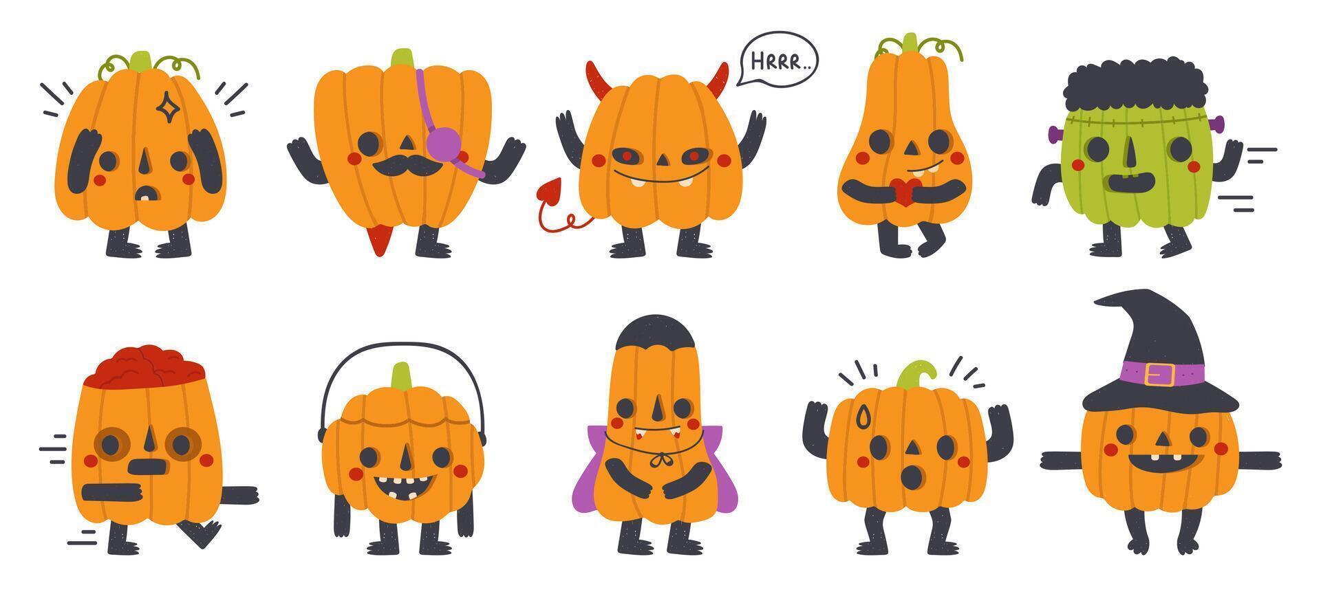 Cute pumpkin mascots. Halloween party funny pumpkins with different faces isolated symbols set. Happy halloween pumpkin characters vector