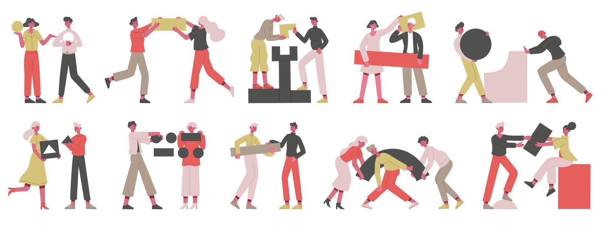 Teamwork business concept. People with abstract geometric shapes, business coworkers collecting figures illustration set. Partnership and teamwork concept vector