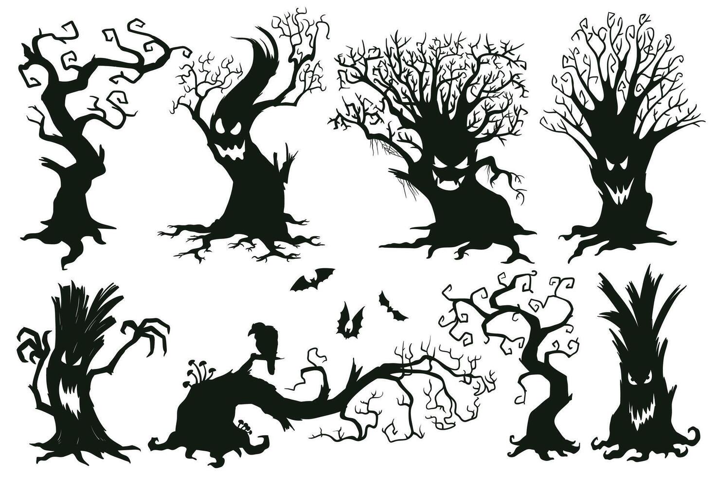 Halloween spooky trees. Cartoon hooked trees, scary halloween trees with muzzles illustration set. Creepy halloween trees vector