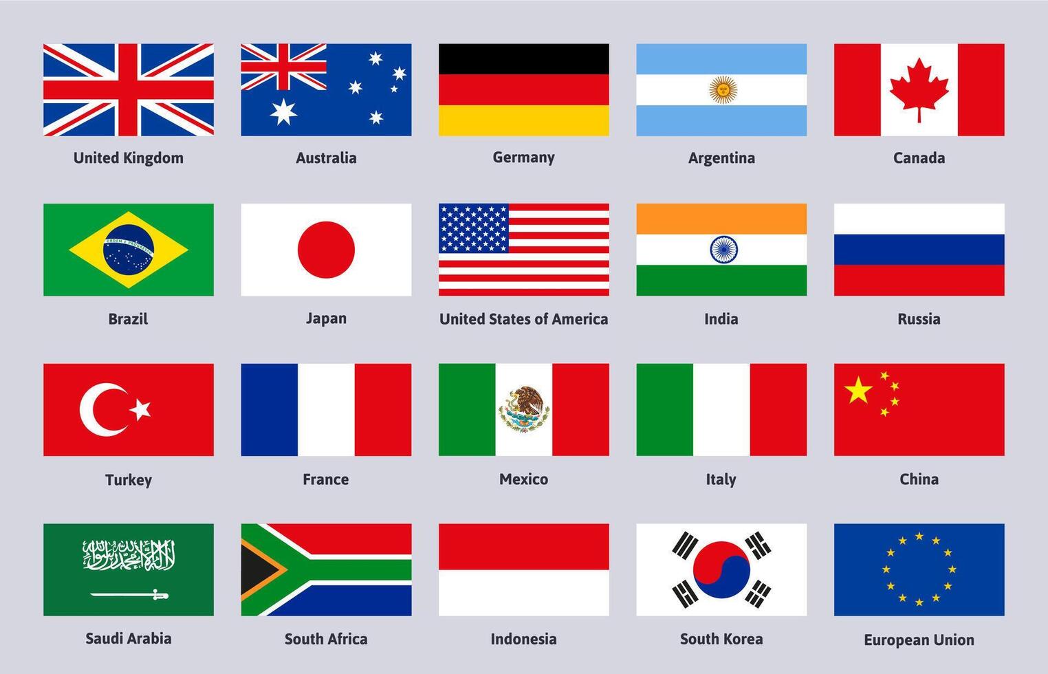 Group of Twenty flags. Major advanced and emerging world countries, China, Brazil and Italy signs illustration set. G20 countries flag emblems vector