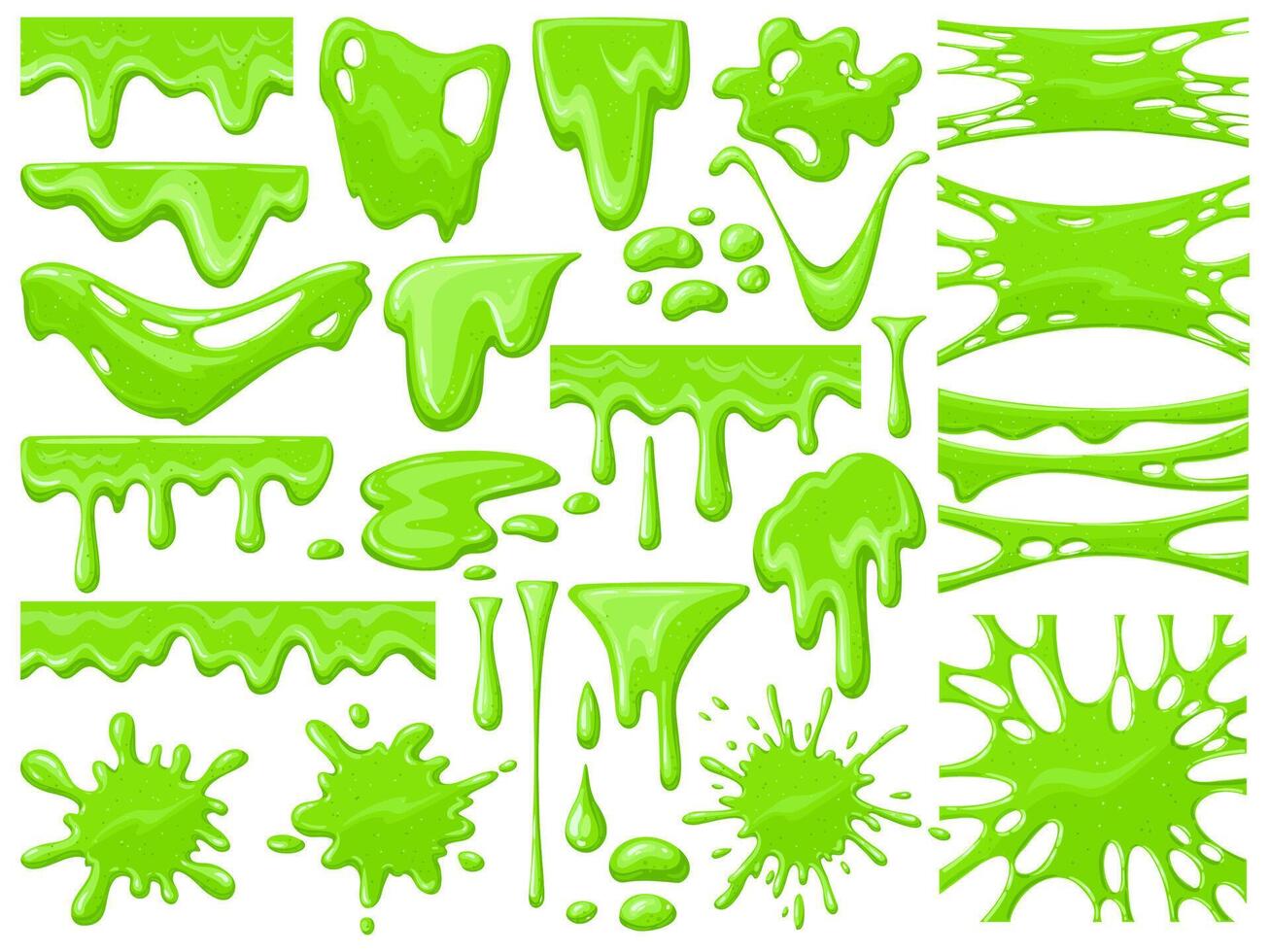 Cartoon slime dripping. Green sticky alien slime blobs, spooky halloween toxic slime dripping illustration set. Dripping green cartoon mucus vector