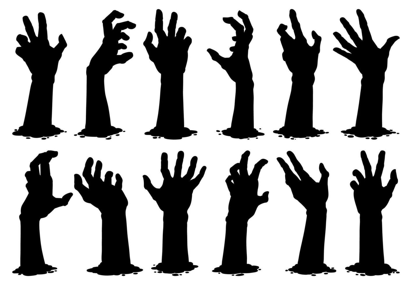 Halloween zombie hands. Spooky haunted arms appear of ground silhouette illustration set. Creepy zombie arms elements vector