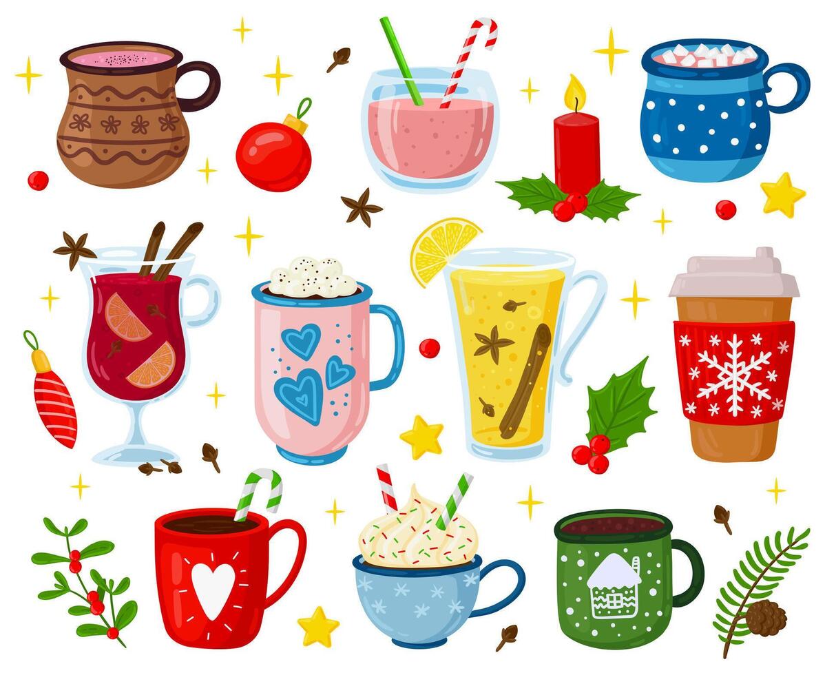 Christmas drinks. Holiday sweet beverages, cocktails, punch, coffee, hot cocoa with marshmallows and whipped cream illustration set. Xmas party drinks vector