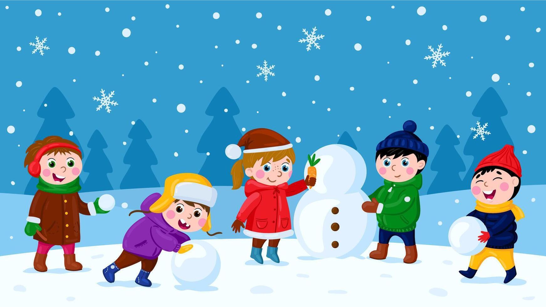 Children making snowman. Winter outdoor activity, xmas holidays fun recreation cartoon illustration. Happy kids make snowman vector