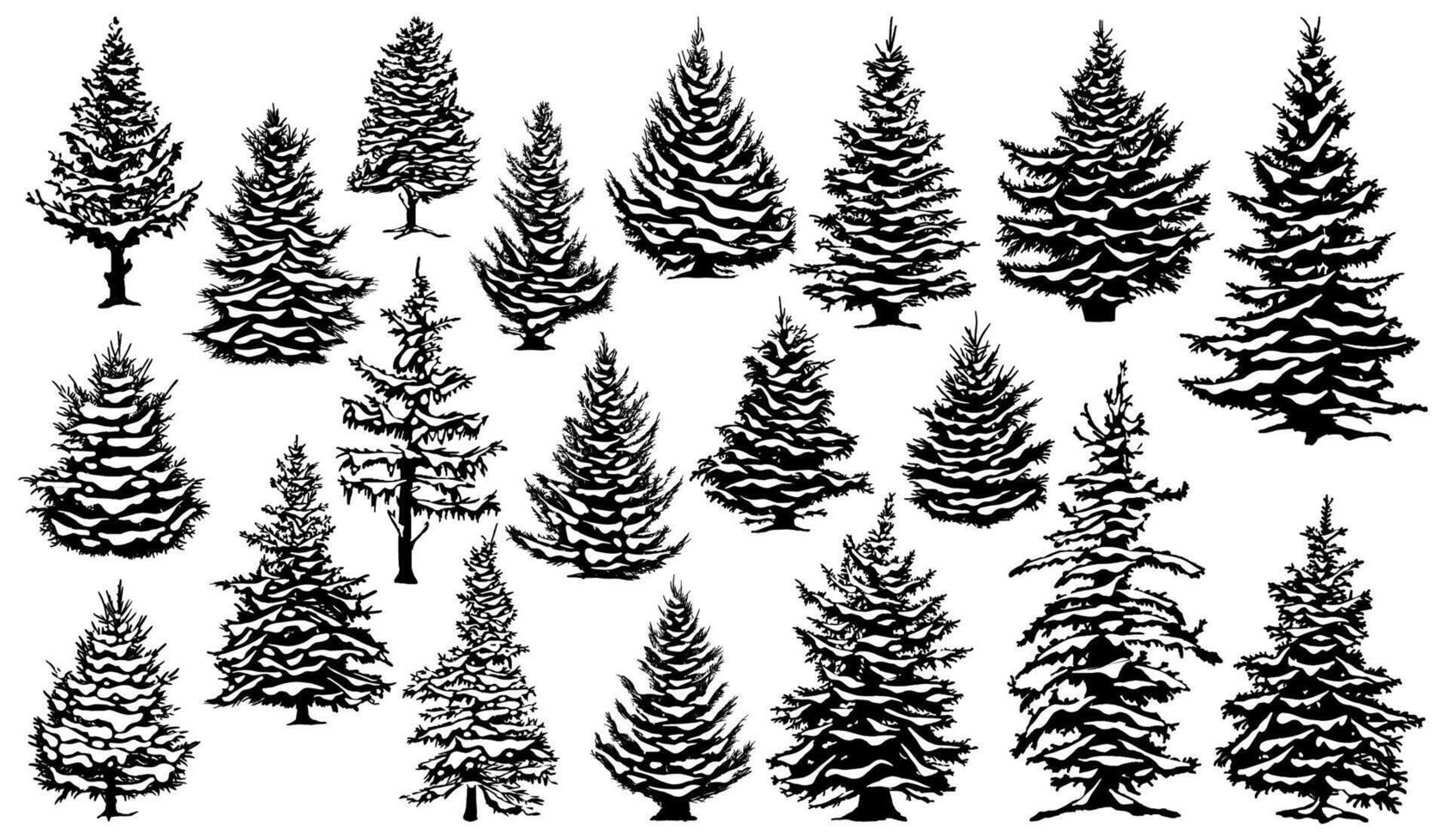 Christmas snowy pine trees. Xmas snow covered pine trees silhouettes, evergreen coniferous woods illustration set. Christmas trees silhouettes vector
