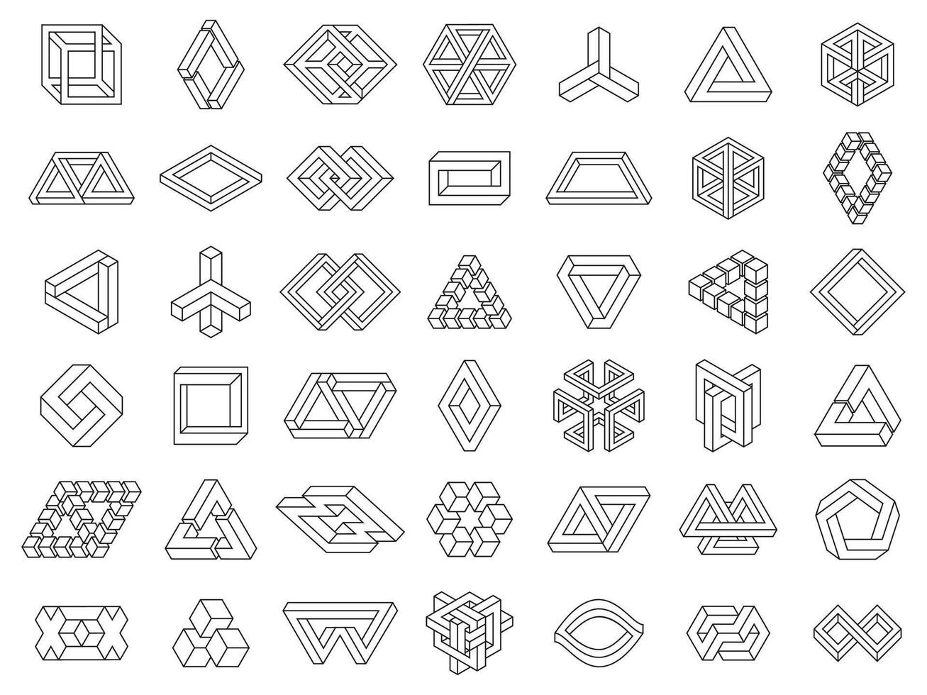 Impossible geometric shapes. Paradox geometry line figures, unexpanded, impossible geometry symbols set. Optical illusion geometric symbols vector