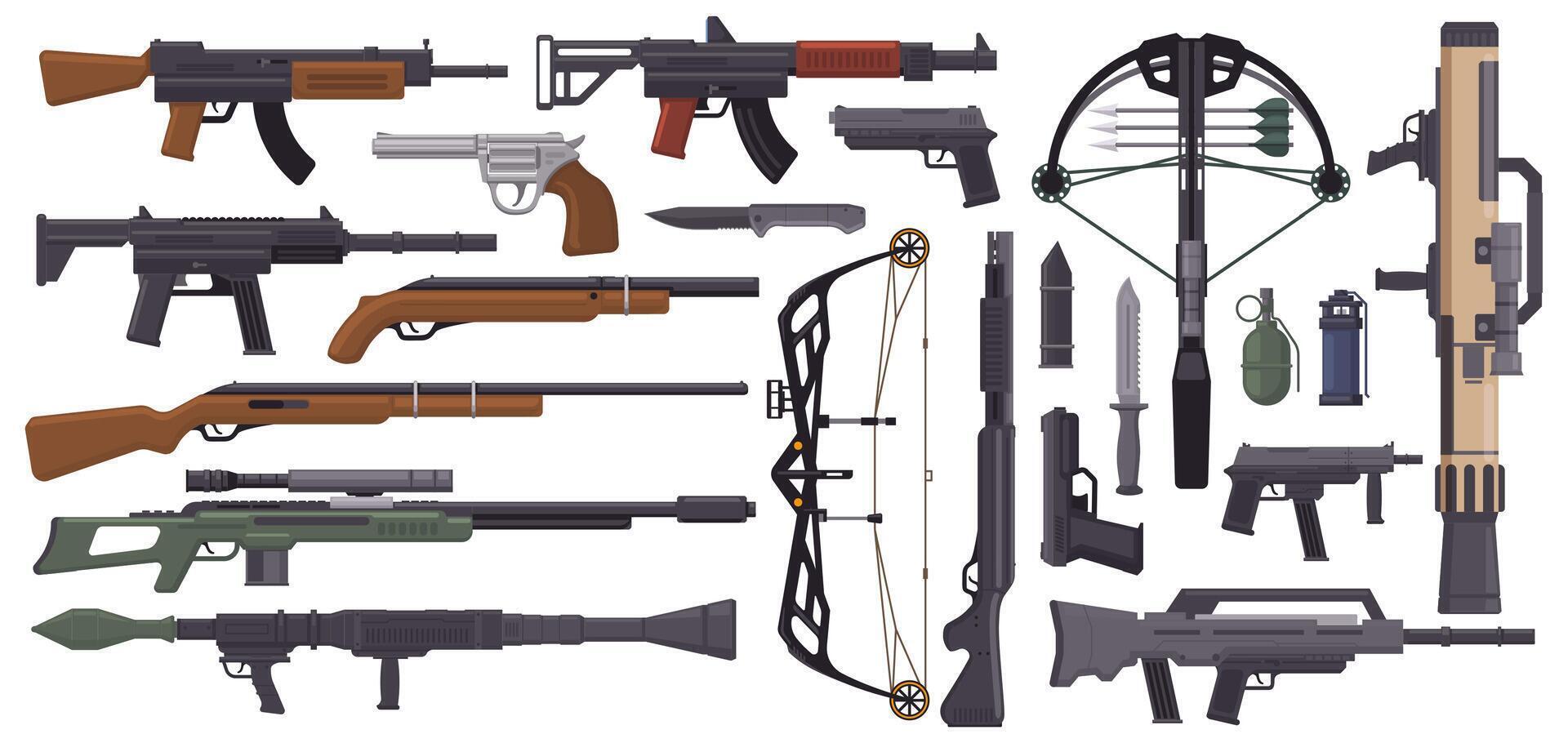 Weapons guns. Military weapons, gun pistol, crossbow, knives, grenade and machine gun, automatic firearm supplies illustration set. Army weapon elements vector