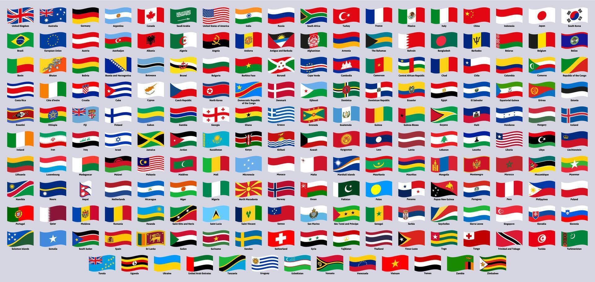 National waving flags. World countries waving emblems, official Canada, Germany, Japan and Greece flag signs illustration set. Waving flag icons vector
