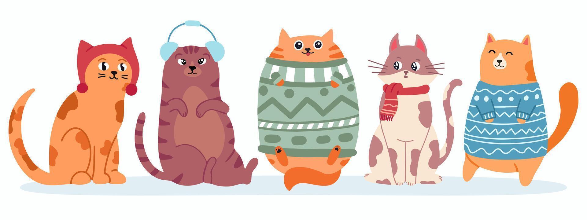 Cute cats in sweater. Happy fat kittens for new year and christmas banner. Xmas domestic kitty in scarf vector