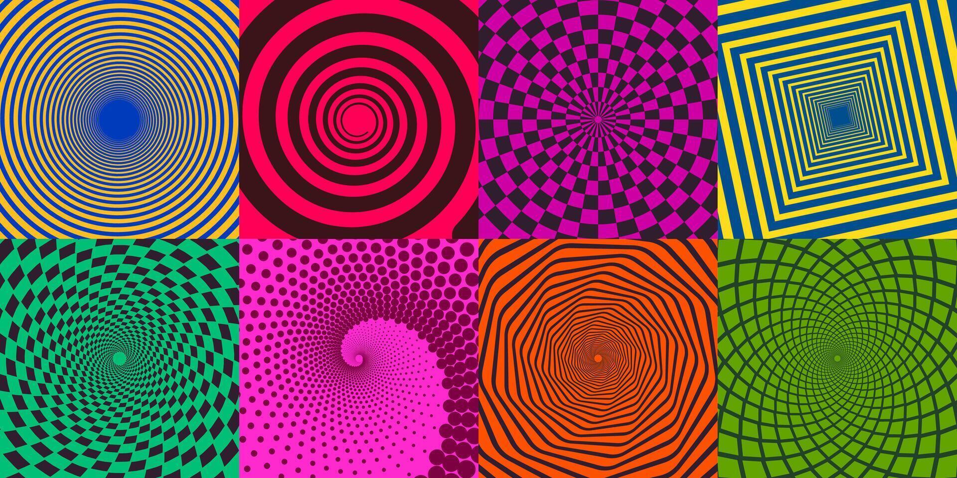 Swirl spirals. Twisted delusion spiral elements, spin radial rays sunburst spirals illustration element set. Abstract twirl spirals vector