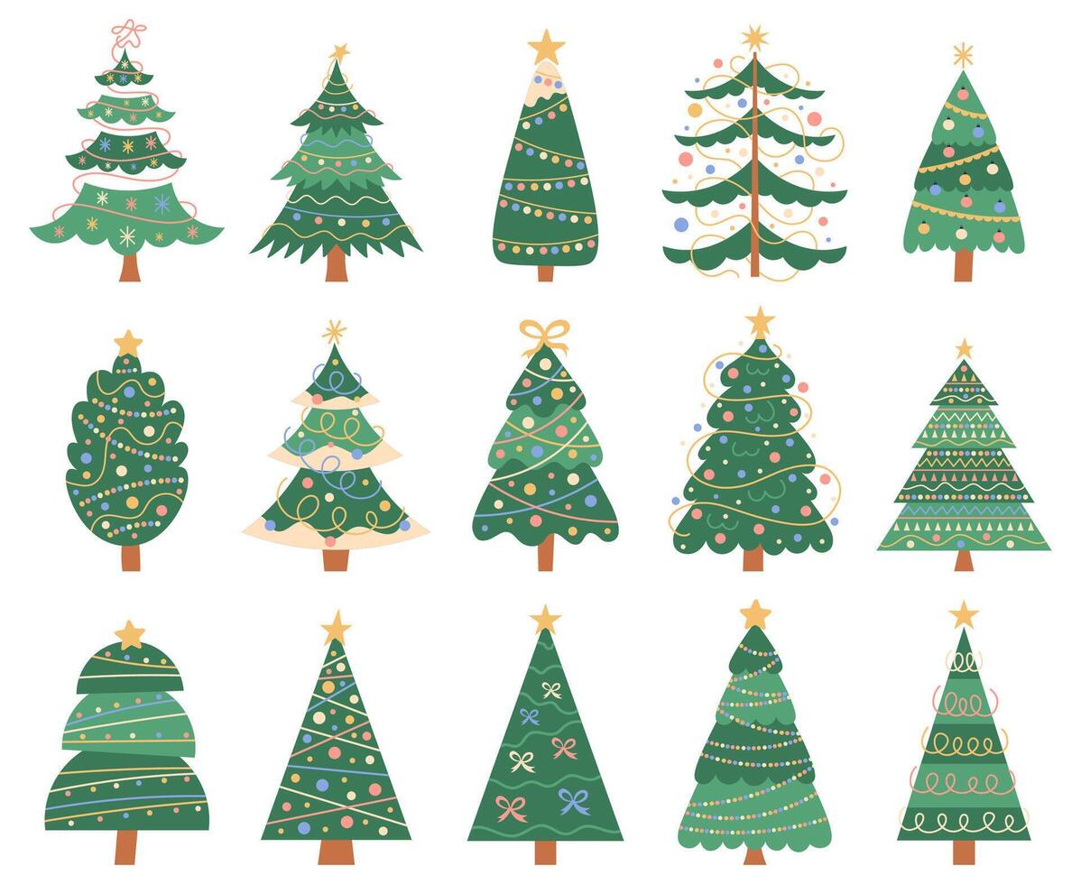 Christmas doodle trees. Doodle xmas fir trees, winter holidays decorations isolated symbols set. New Years and xmas evergreen trees vector