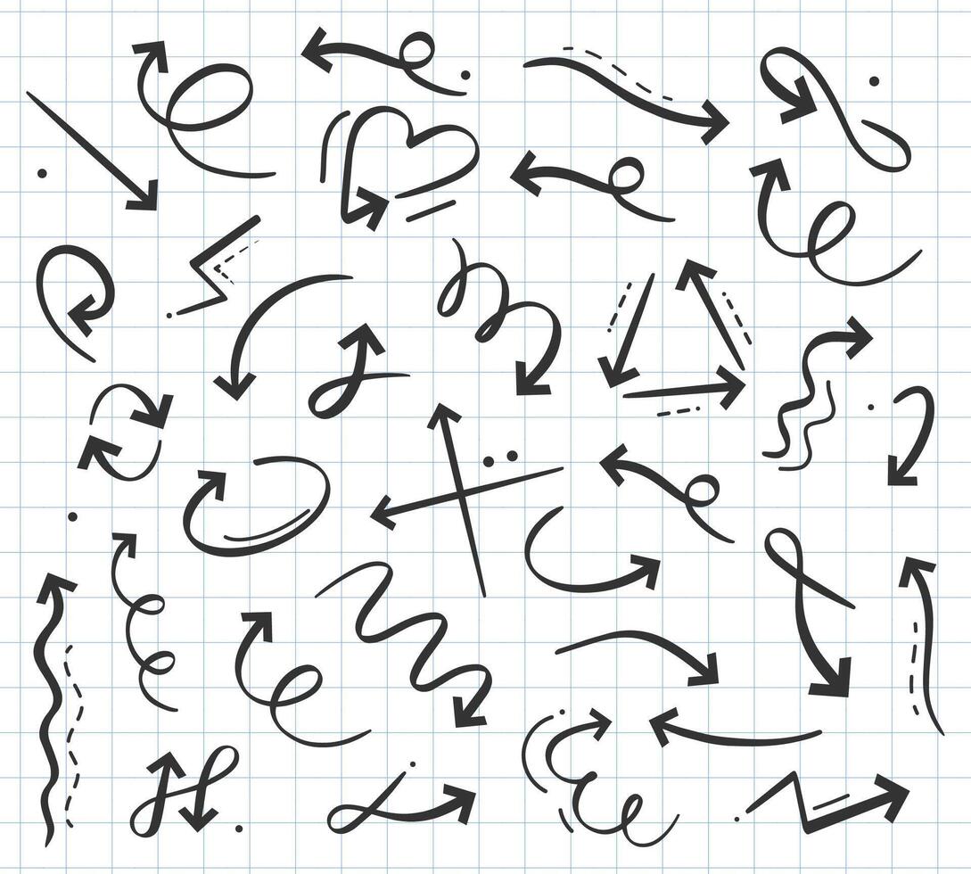 Hand drawn doodle arrow icon in various directions set. Curly cursors, pointers up, down, left, right vector
