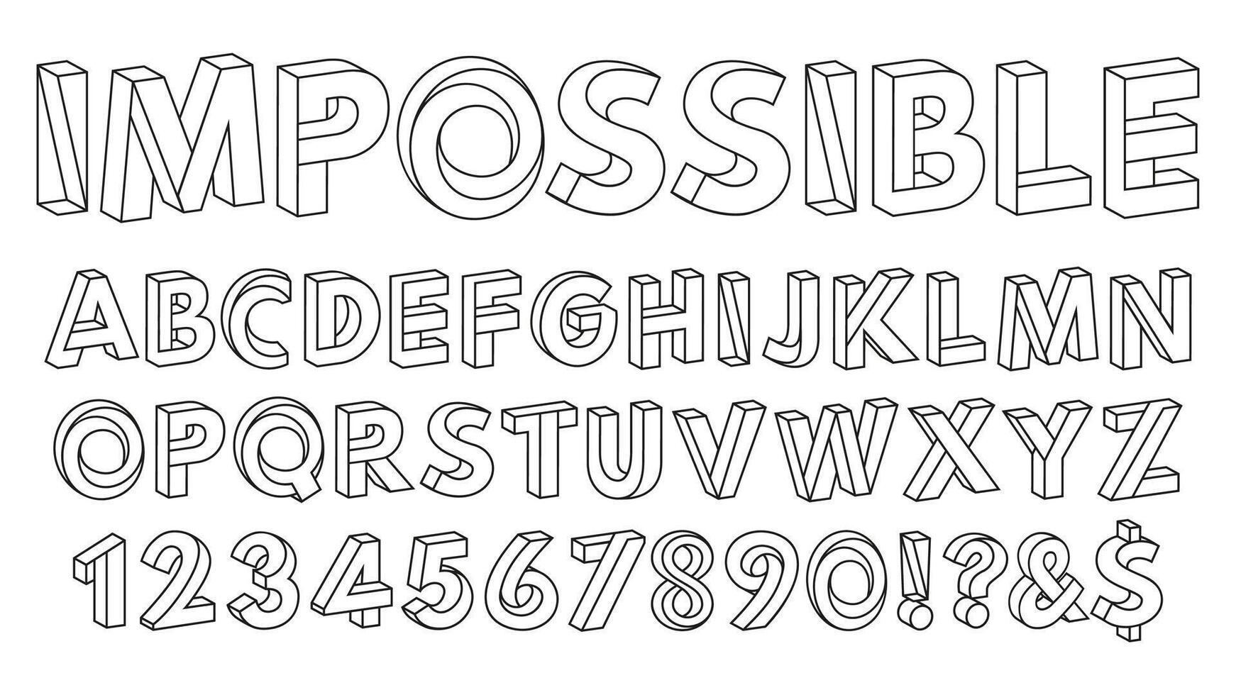 Impossible shapes font. Paradox alphabet letters and numbers, geometric abc figures illustration set. Optical illusion impossible alphabet vector