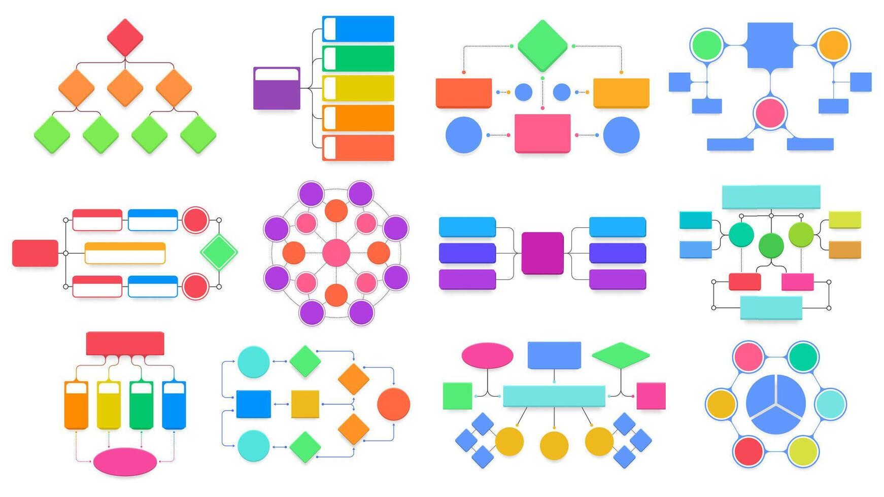 Flowchart schemes. Business structural flowchart diagrams, workflow process structure infographic illustration set. Block flow charts vector