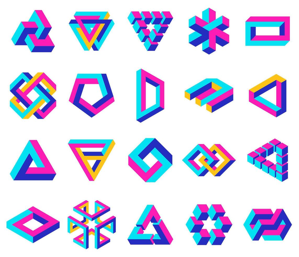 Geometric impossible shapes. Paradox triangle, square and circular figures, optical illusion symbols set. Impossible unexpanded shapes vector