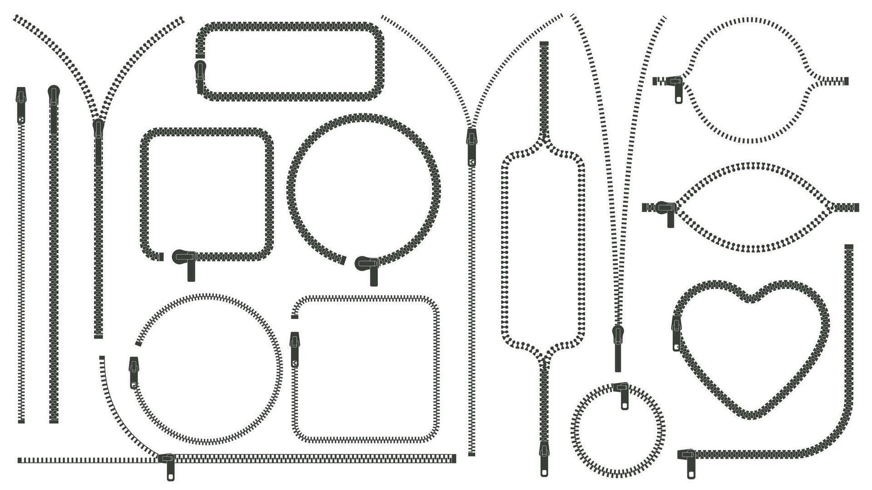 Zipper silhouettes. Zip pulls closed and open, zipper frames and borders, clothes zip lock accessories illustration set. Slide fasteners elements vector