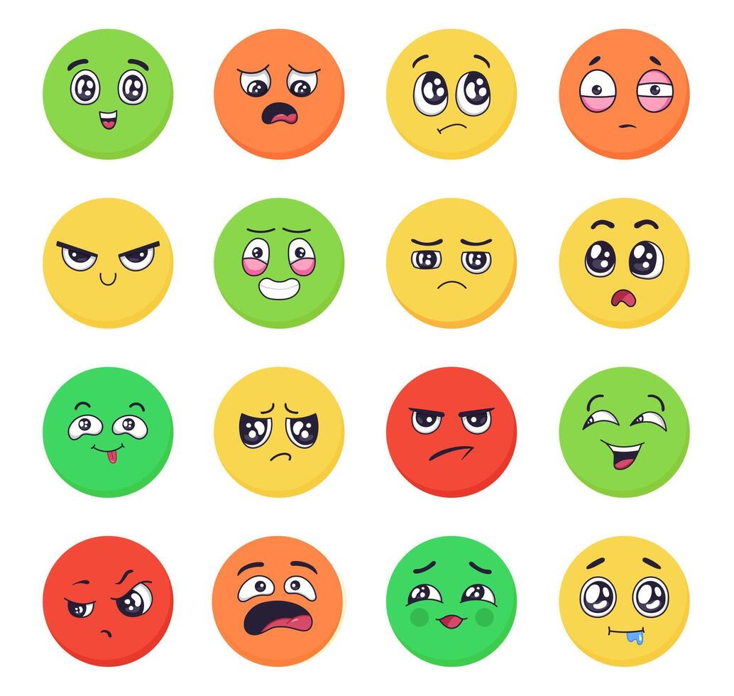 Cartoon emotions faces set. Emoji expressions with angry and sad, happiness and joy facial gestures of different colors vector