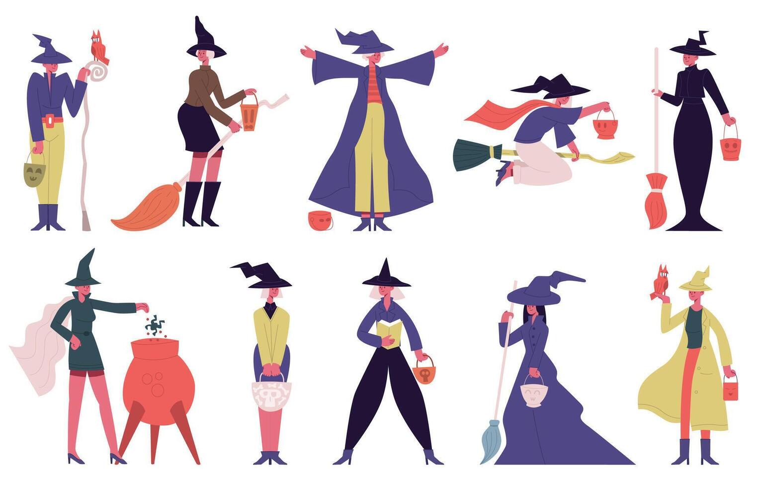 Witch characters. Female halloween characters in witch spooky costumes isolated illustration set. Halloween party cute witches vector