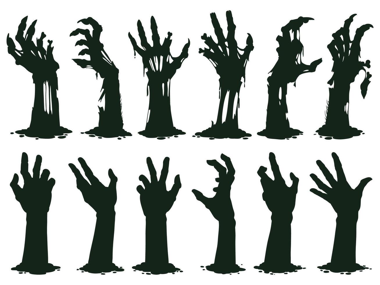 Zombie hands silhouette. Creepy zombie crooked lambs stick out of graveyard ground illustration set. Halloween zombie hands vector