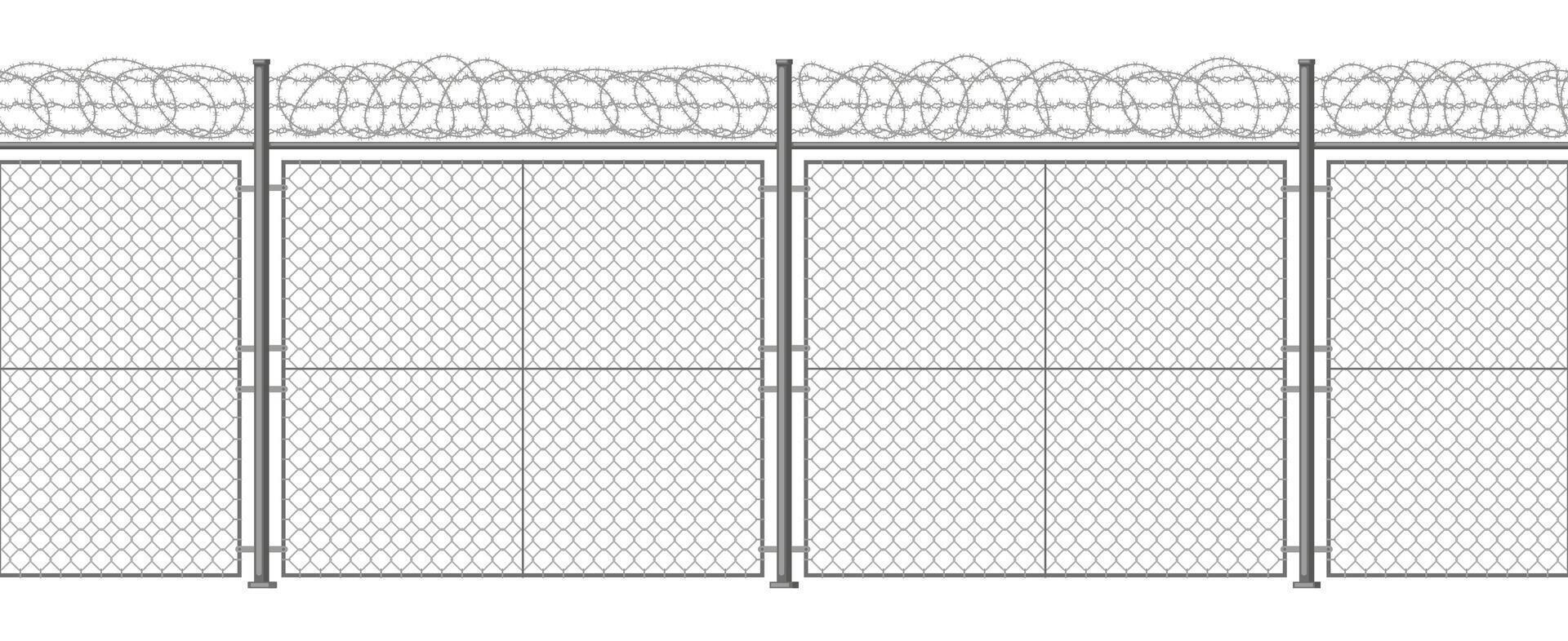 Metallic barbed wire fence. Secured razor wire barrier, steel pillars and razor wire border background illustration. Territory protection barbed wire fencing vector