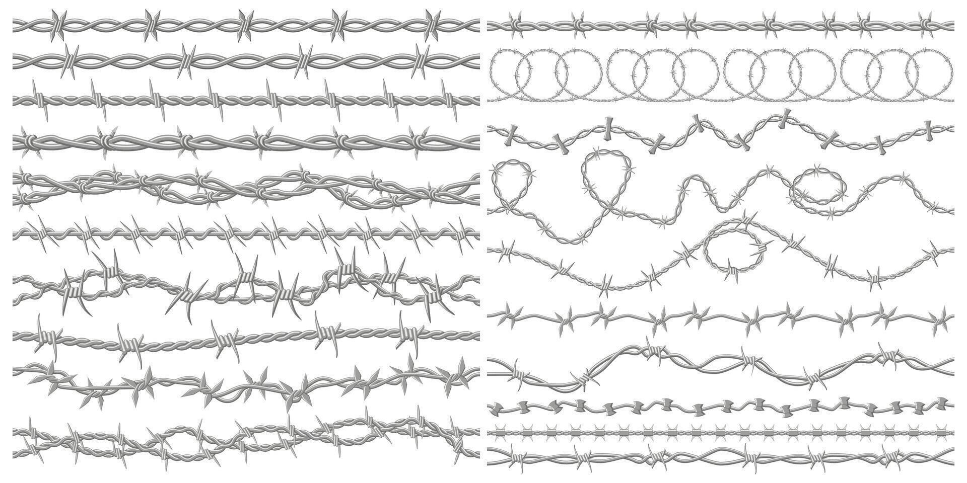 Barbed wire. Razor metallic fencing wire, industrial or prison wire seamless borders illustration set. Barb wire protection fencing vector
