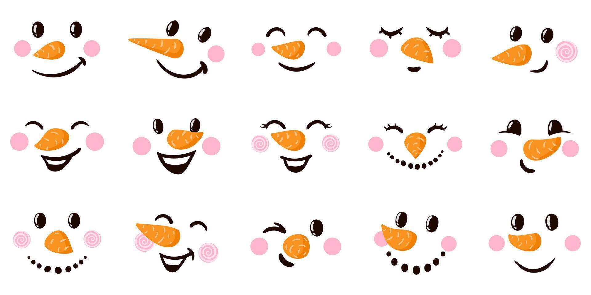 Snowman cartoon faces. Funny snowman faces with various emotions, Christmas holiday snowman emoticons illustration set. Cute snowman faces vector