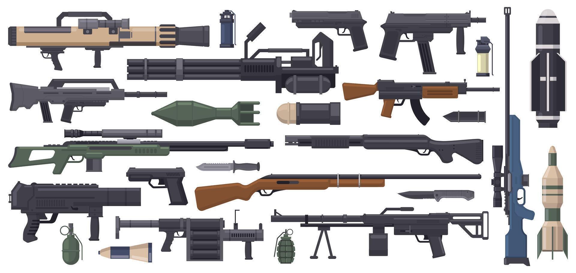 Military weapon. Army weapons, rocket, grenade launcher, machine gun and bazooka isolated illustration set. Automatic weapon collection vector