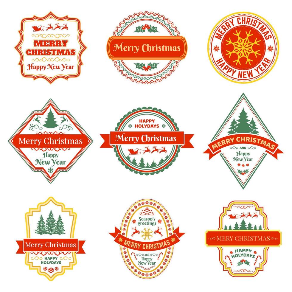 Christmas labels. Vintage xmas winter holiday badges with reindeer, fir tree and snowflakes symbols set. Happy New Year and Christmas stamps vector