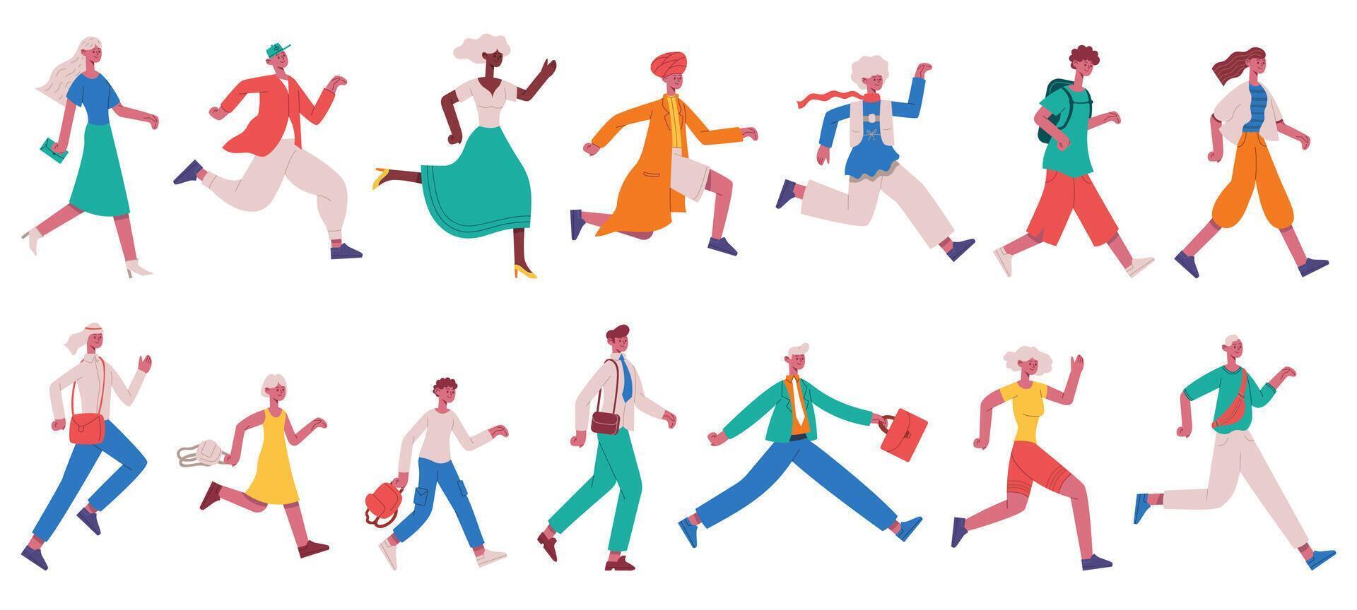 Running hurrying people. Jogging adult characters and kids, hurrying business people illustration set. Hurry running people vector