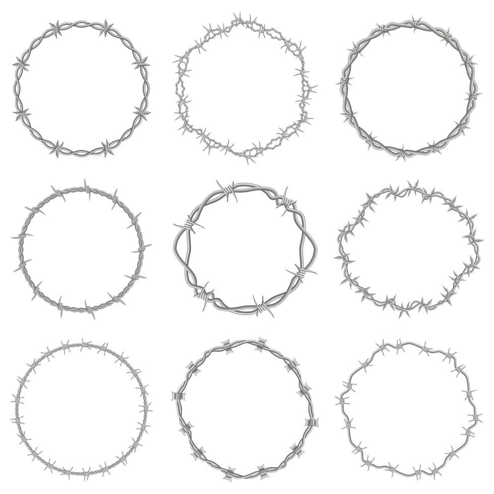 Barbed wire frames. Round prison wire symbols, circle steel razor wire frames illustration set. Secured razor wire elements vector