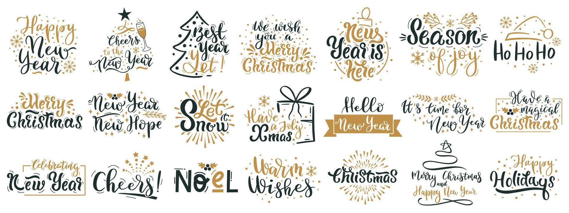 Merry Christmas lettering quotes. Happy New Year winter holiday greetings, xmas festive lettering phrases illustration set. Christmas hand drawn quotes vector